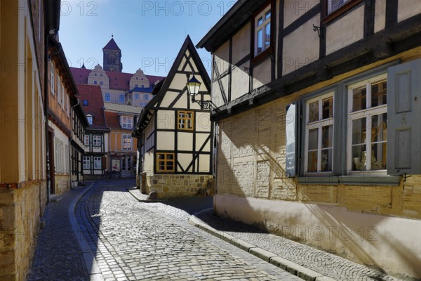 Half-timbered houses in Finkenherd with Schlossberg, alley in the old town centre of the World