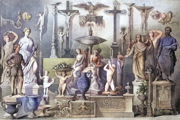 Zinc cast ornaments from the zinc foundry of L. Weber in Leipzig, Germany, 1880, Historic,