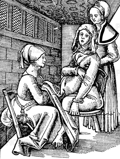 Woman giving birth to her child, Gebärende Frau, German woodcut, 18th century, Historic, digitally