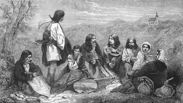 Peasant family in Bohemia in 1869, Historic, digitally restored reproduction of a 19th century