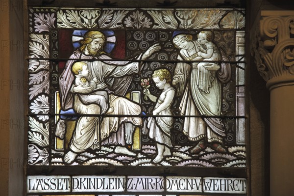 Church window with Christ and children in the Church of the Redeemer, arts and crafts, stained