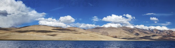 Panorama of Himalayan lake Tso Moriri (official name) (Tsomoriri Wetland Conservation Reserve) in