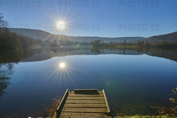 Lake with jetty at sunrise, Freudenberg am Main, Untermain, Spessart, Odenwald, Franconia,