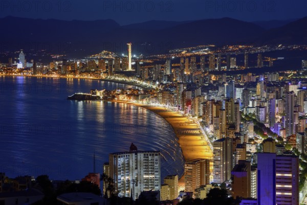 View over Benidorm and the Playa Levante, blue hour, Benidorm, Costa Blanca, Valencia country,