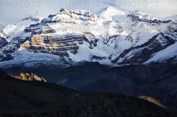 Himalayas snowcapped summit mountains in snow. Near Dhankar, Spiti Valley, Himachal Pradesh, India,