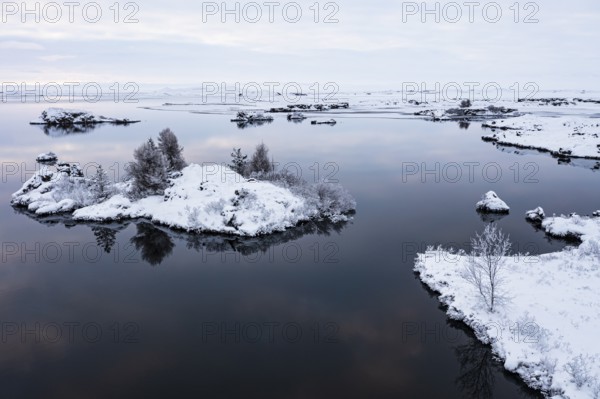 Snow-covered small islands overgrown with bushes in Lake Myvatn, at blue hour, Kalfaströnd, drone