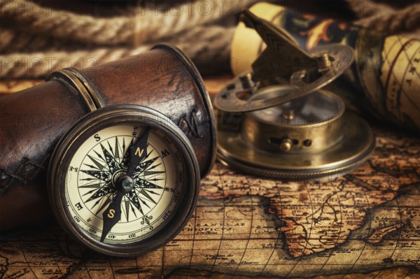 Travel geography navigation concept background, old vintage retro compass with sundial, spyglass