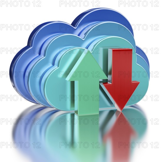 Remote database cloud computing technology storage upload download concept, 3 metal glossy cloud