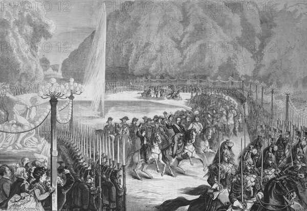 Grand Revue on 14 August, the Emperor, followed by his General Staff, crossing the Tuileries