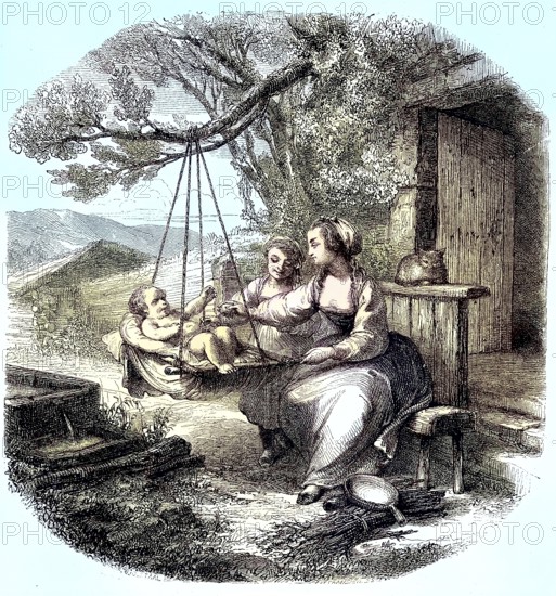 Baby in a cradle on a branch, mother and daughter sitting on a bench rocking the infant, c. 1880,