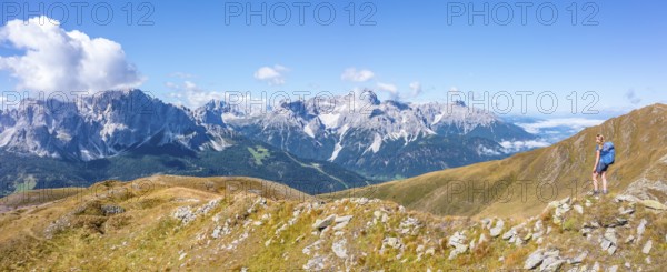 Alpine panorama, hiker on the Carnic High Trail, Carnic main ridge, Carnic Alps, Carinthia,