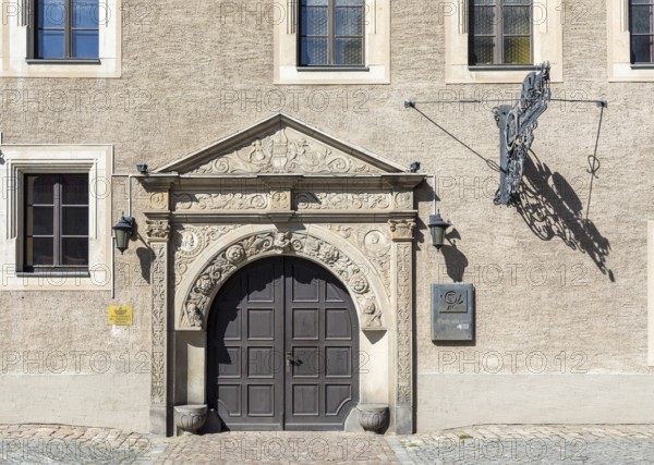 Entrance portal of the historic Renaissance town house from 1530, the last post office, Zwickau,