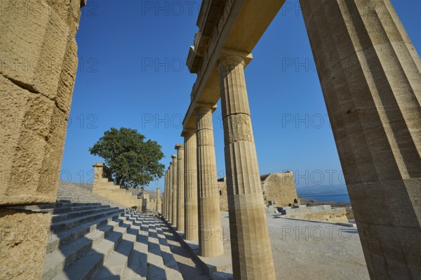 Super wide angle shot, Acropolis of Lindos, morning light, Propylaea with staircase, Lindos,