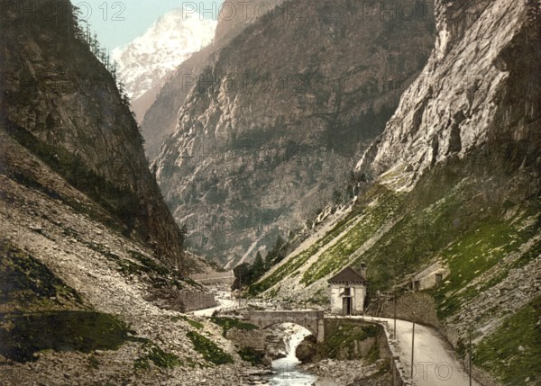 The Simplon Pass in the Gondo Gorge, a deep gorge through which the Diveria flows between the