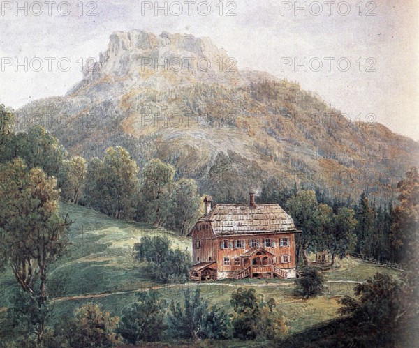 Farmhouse in the mountains, Painting by Adolf Hitler (1889-1945), Historical, digitally restored