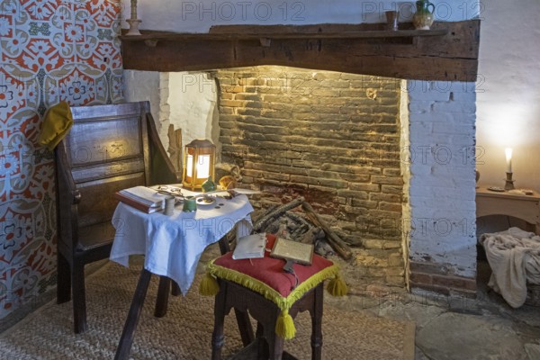 Interior view, table, chairs, fireplace, birthplace of William Shakespeare, Stratford-upon-Avon,