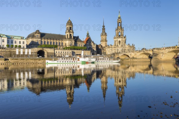 City view with paddle steamer and reflection in the Elbe, Ständehaus, Georgentor, Hausmannsturm,