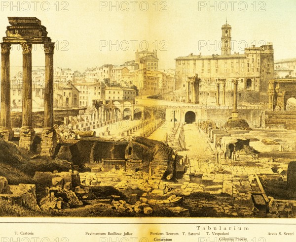 View of ancient Rome from the Roman Forum, ruins, cityscape, columns, houses on the hillside,