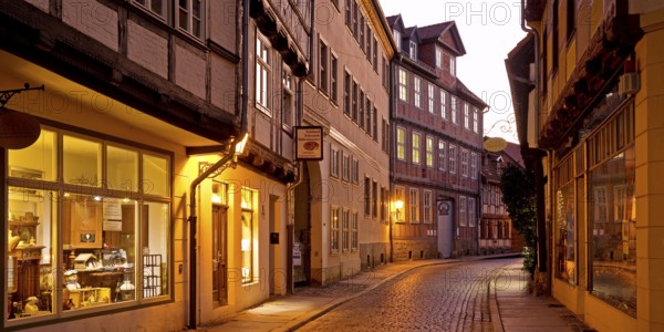 Half-timbered houses in a narrow street with cobblestones, Old Town in the evening, World Heritage