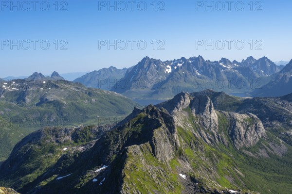 Mountain landscape, view of mountain peaks at the summit of Rundfjellet, Svolvaer, Nordland,