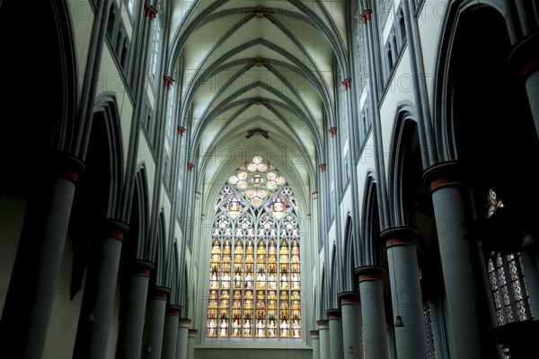 Ceiling vault and stained glass windows of the west façade, Altenberg Cathedral, Bergischer Dom,