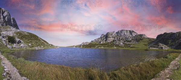 Panoramic of the beautiful lake of Covadonga in Asturias, a beautiful spring sunset, Picos de
