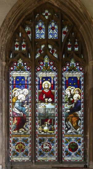 Stained glass window of Jesus Christ and Last Supper, church of Saint Peter, Sudbury, Suffolk,