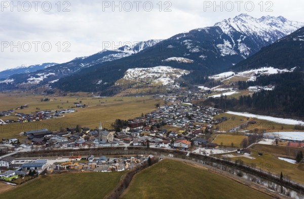 Drone image, residential buildings, view of village with parish church, Niedernsill, Salzach,