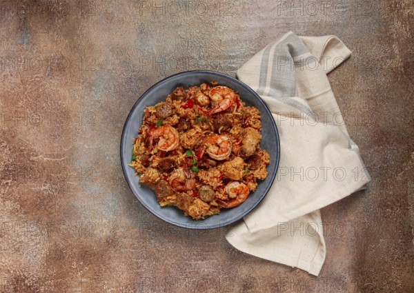 Jambalaya, Creole dish, American pilaf, rice with chicken and shrimp, vegetables, homemade, no