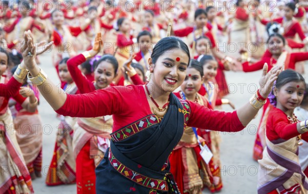 Participants with an instructor dance on the final day of a Bihu dance workshop ahead of Rongali