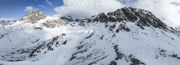 Aerial view, Piz Jenatsch and Piz Picuogl, winter in the mountains, Chamanna Jenatsch CAS, Swiss