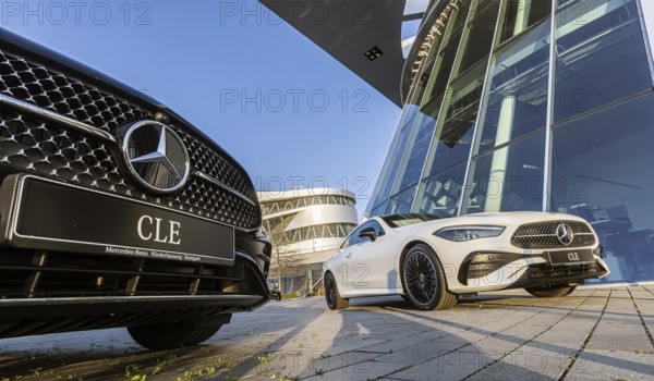 New Mercedes cars at the Stuttgart branch, with the Mercedes Museum behind it. Stuttgart,