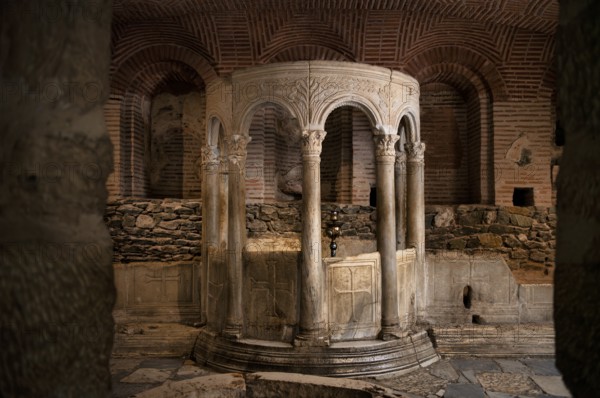 Interior view of the crypt, remains of the Roman baths, Hagios Demetrios church, also known as