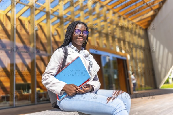 Female african student sitting outside the university and smiling at camera in a sunny day