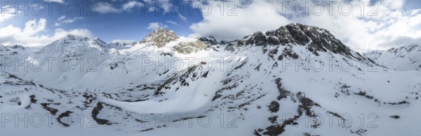 Aerial view, Piz Jenatsch and Piz Picuogl, winter in the mountains, Chamanna Jenatsch CAS, Swiss