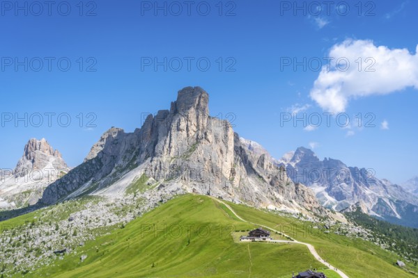 Stunning landscape featuring the rugged peaks and verdant slopes of passo giau in the italian