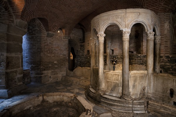Interior view of the crypt, remains of the Roman baths, Hagios Demetrios church, also known as