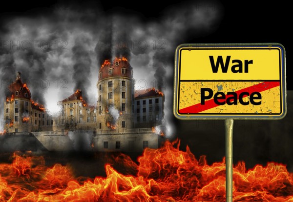 Symbolic image, War and Peace street sign in front of bombed-out city, Ukraine war, Russia as