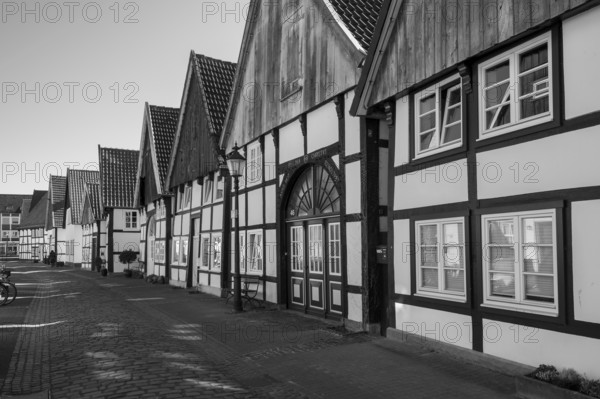 Half-timbered houses in the old town, black and white, Rheda, Rheda-Wiedenbrück, Westphalia, North