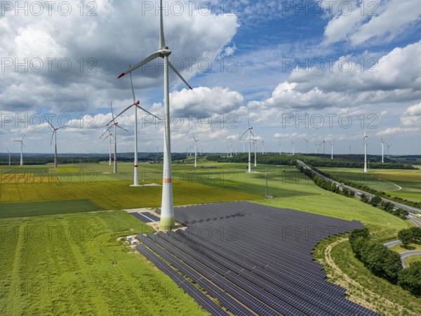 Wind farm near Marsberg, photovoltaic system, utilisation of land for renewable energies,