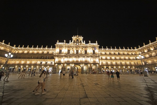 Illuminated town hall at Plaza Mayor at night, Salamanca, province of Salamanca, Castile and Leon,