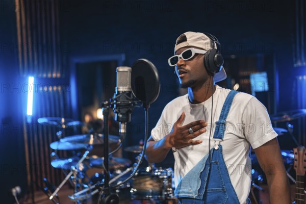 Talented african american male singer wearing trendy sunglasses and headphones, performing a song