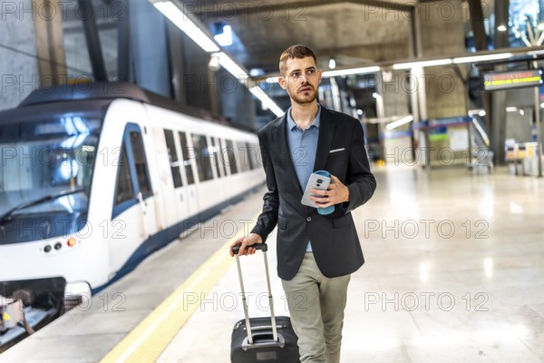 Businessman walking in subway station pulling suitcase and holding smartphone and reusable coffee