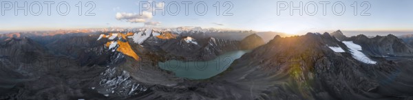 Evening mood, mountain panorama, aerial view, 4000 metre peak with glacier, mountain pass and