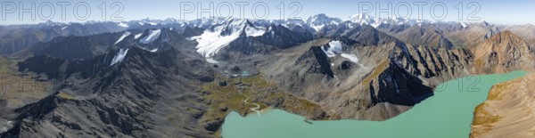 Mountain panorama, aerial view, 4000 metre peak with glacier, mountain pass and mountain lake