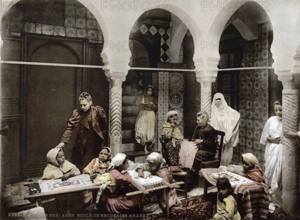 Arab Embroidery School, Algiers, Algeria, ca 1890, Historical, digitally restored reproduction from