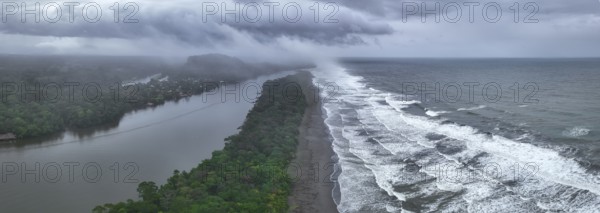 Aerial view, beach and sea, coast with rainforest, Tortuguero National Park, Costa Rica, Central