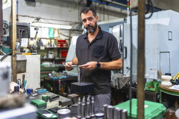 Male caucasian operator performing quality control on metal pieces in the factory using a