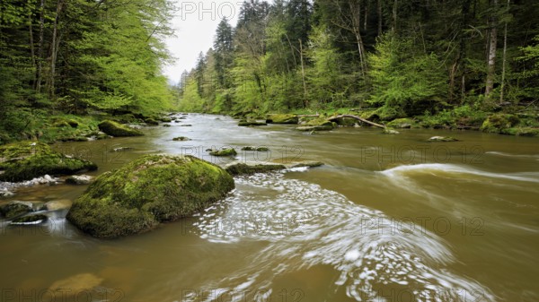 European beech trees shedding leaves, in the foreground moss-covered stones on the river Sihl,