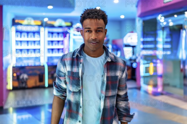 Young man smiles while standing in a lively arcade, surrounded by colorful claw machines and other